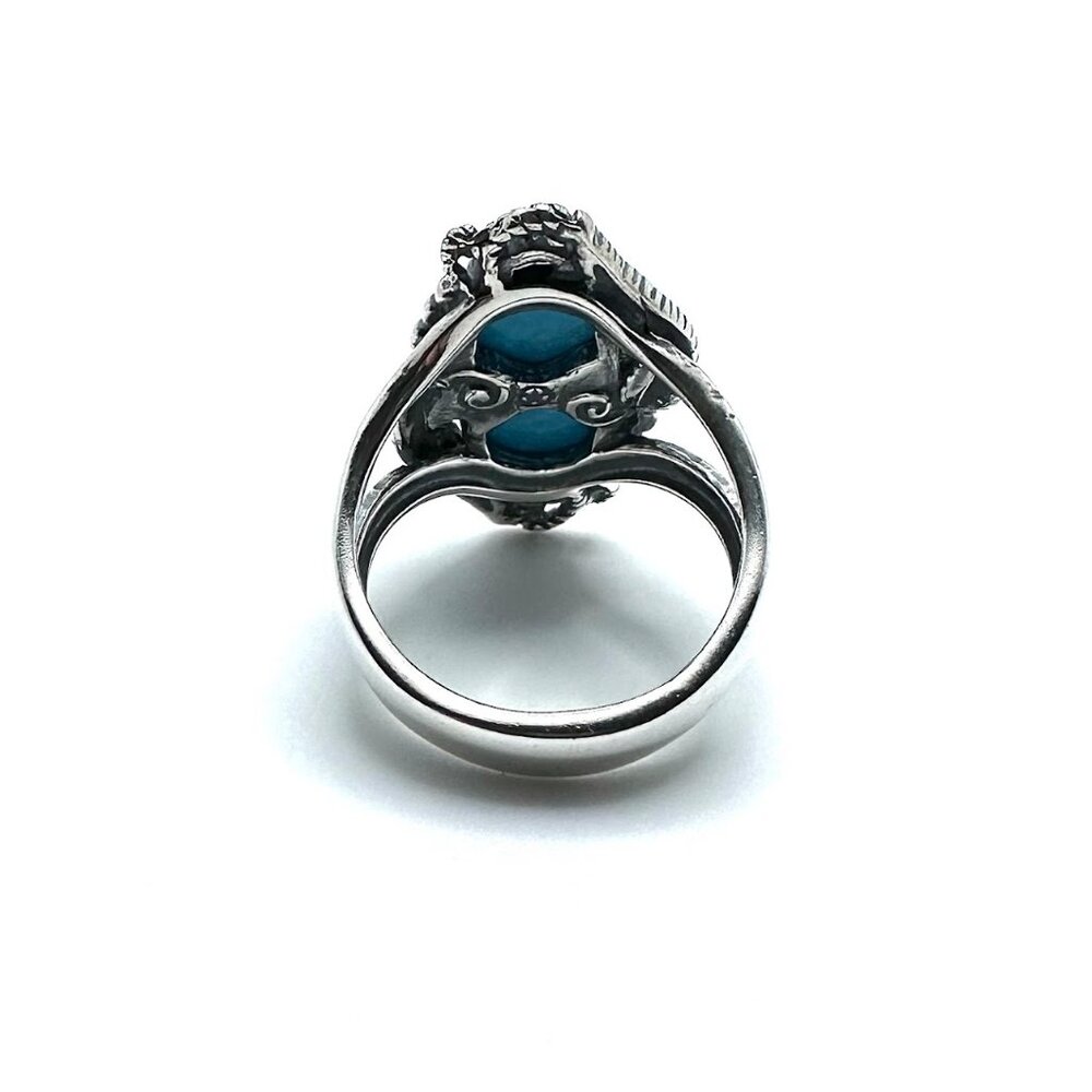 American West Leaf & Scroll Oval Blue Turquoise Sterling Silver Ring Size 9 - Picture 4 of 4